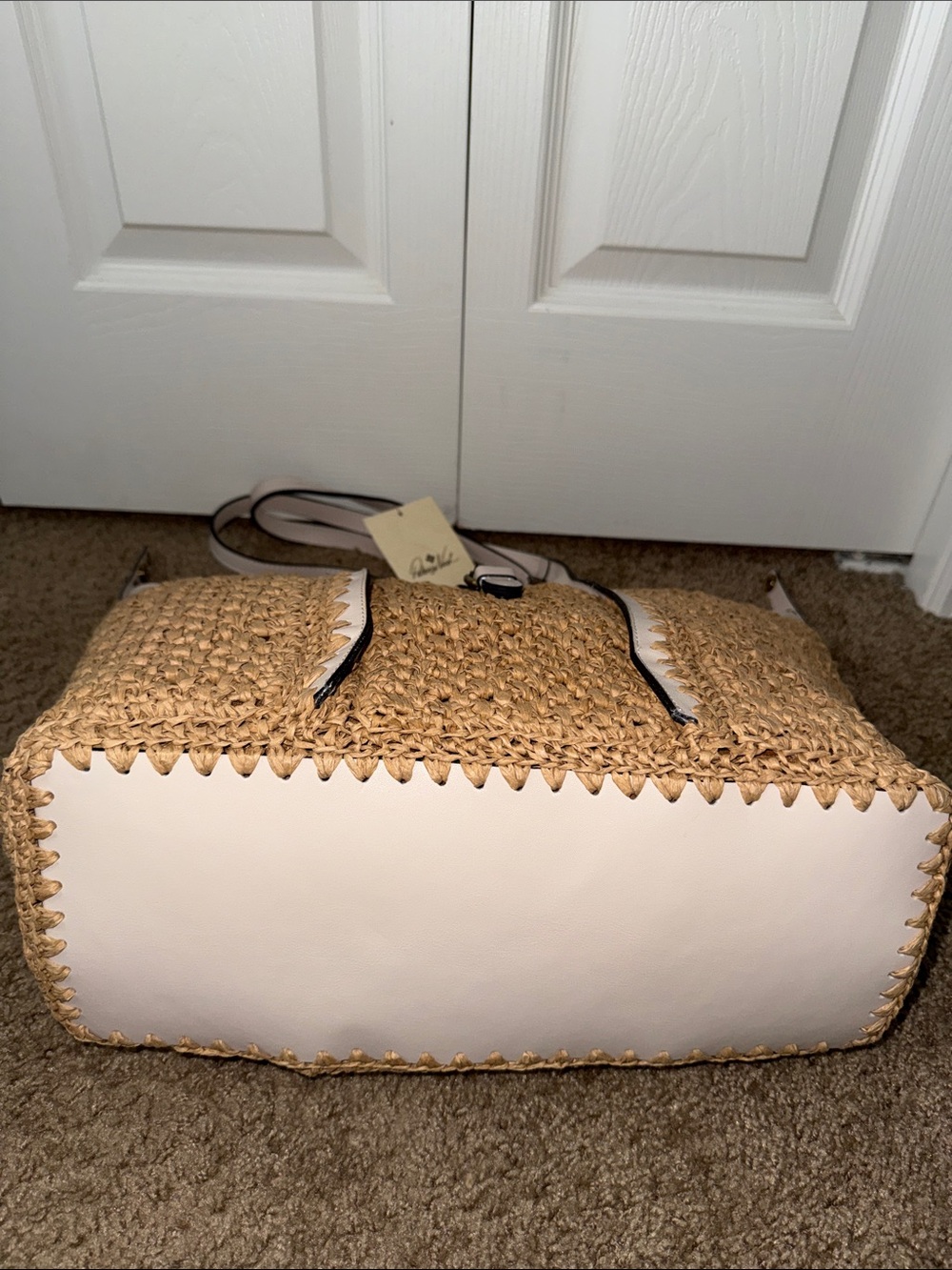 Woven Raffia Tote with Pale Cream Leather Trim - Picture 8 of 9